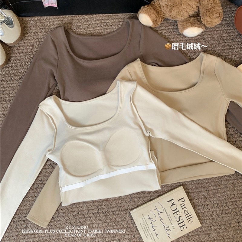 Warm Long-sleeved T-shirt U-neck Base Shirt Women's Inner Fleece Underwear Autumn and Winter New Style Thickened Top with Chest Pad Thin Fleece