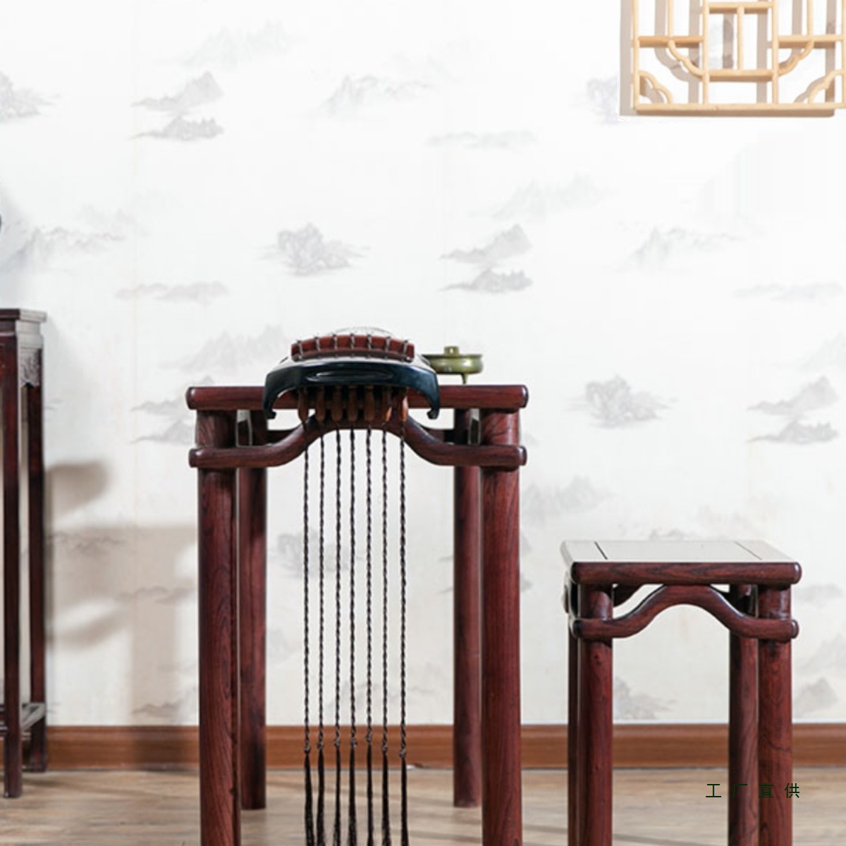 Classic Ming-Style Elm Guqin Table and Stool, Ro锅霸王杖, Rubbed with Raw Lacquer, Mortise and Tenon Integrated Solid Wood Table, Yangzhou Guqin