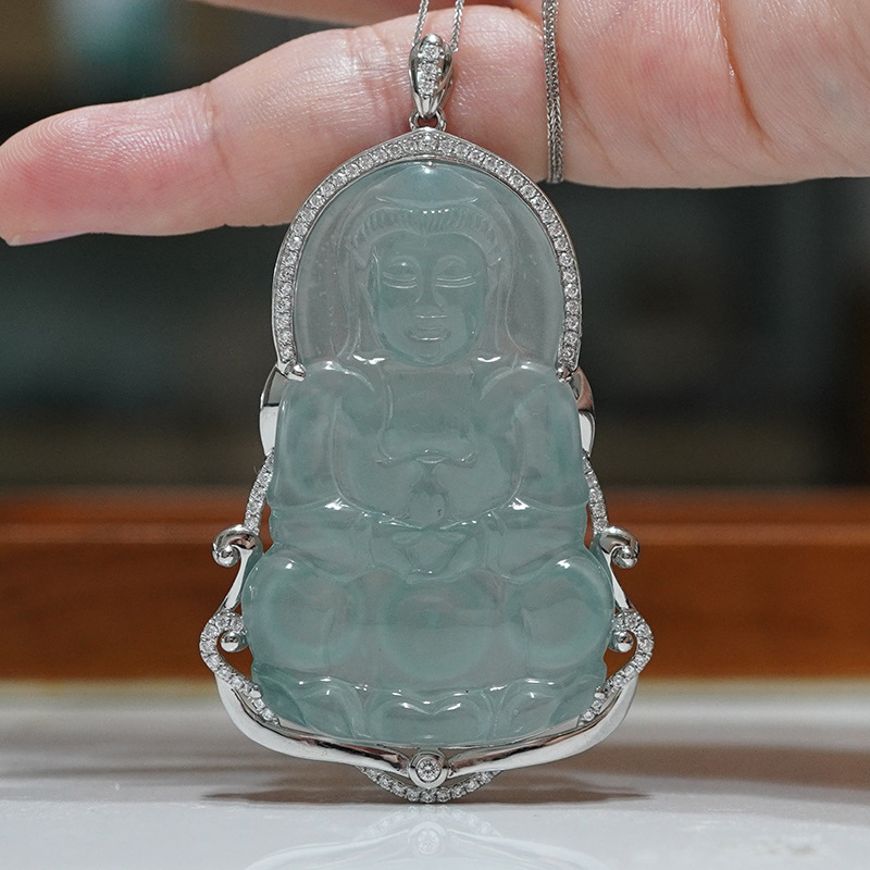 Подвеска из платины Pt950 с культивированным бриллиантом, нефритовая Гуаньинь, инкрустированная полным бриллиантом
