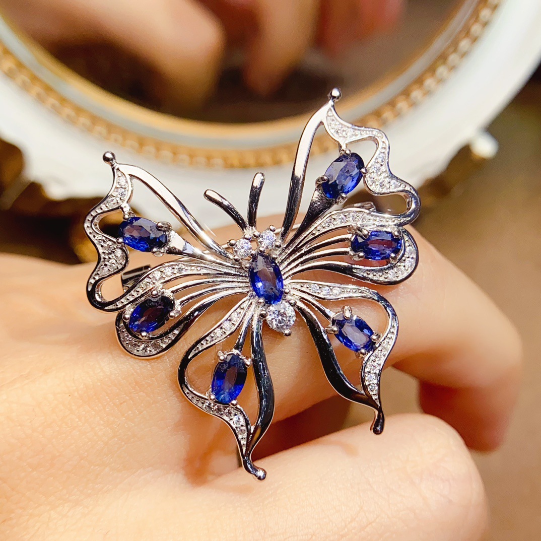 Factory Wholesale Popular Natural Sapphire Brooch S925 Silver Inlaid Main Stone 3*5 Hot Selling European and American Dropshipping