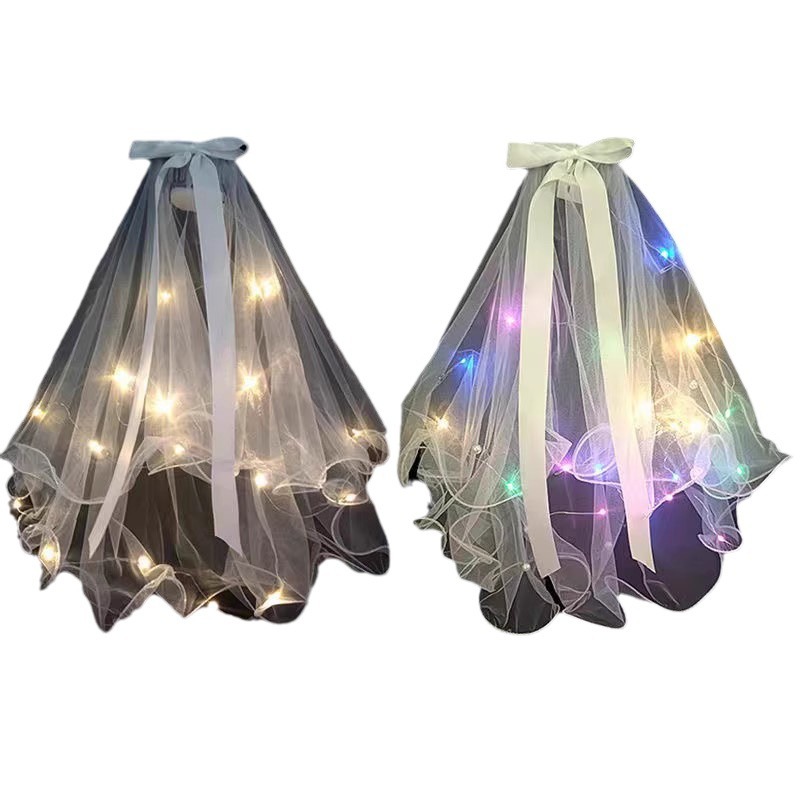 Internet Celebrity Veil with Lights, Double-Layer Tassel Pearl Crown, Double-Layer Ribbon Bow Veil Headdress. Wedding Dress