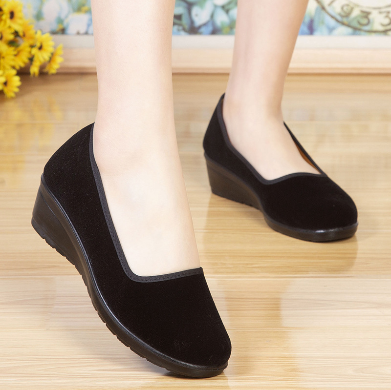 Old Beijing Cloth Shoes Women's Black Cloth Shoes One Pedal Wedge Polyurethane Soft Bottom Non-slip Cloth Shoes for Hotel Bank Attendants