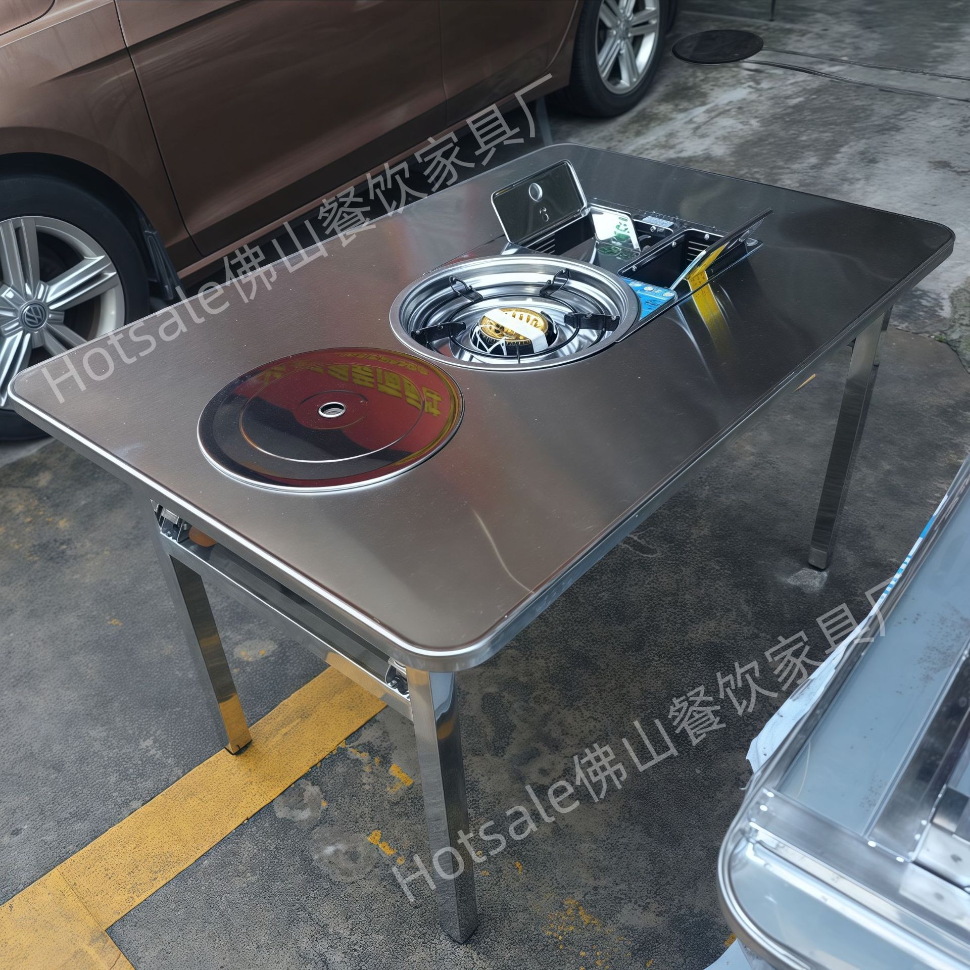 Stainless Steel Hot Pot Table Barbecue Table Commercial Foldable Table Small Round Table and Chairs Gas Flameout Protection Built-In Cassette Stove