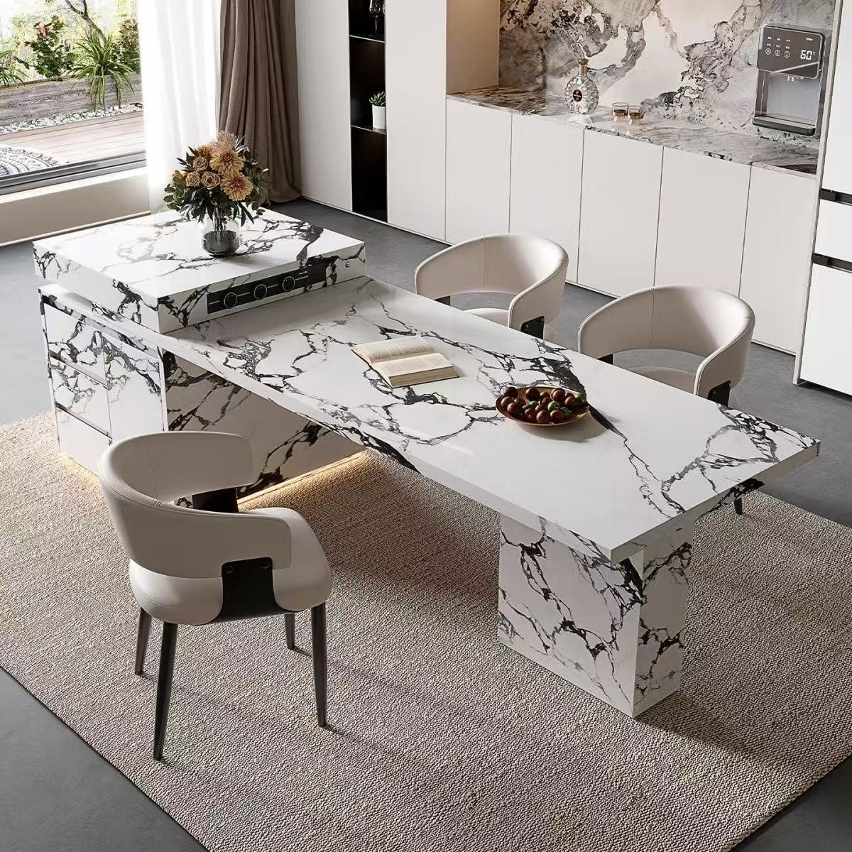 Обеденный стол на острове 2025 года, интегрированный, с выдвижной итальянской сланцевой поверхностью, для кухни и чаепития