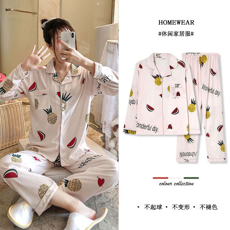 Foreign trade direct sales pajamas women's spring and autumn lapel long sleeve sweet cardigan sweet cartoon student ins home wear suit