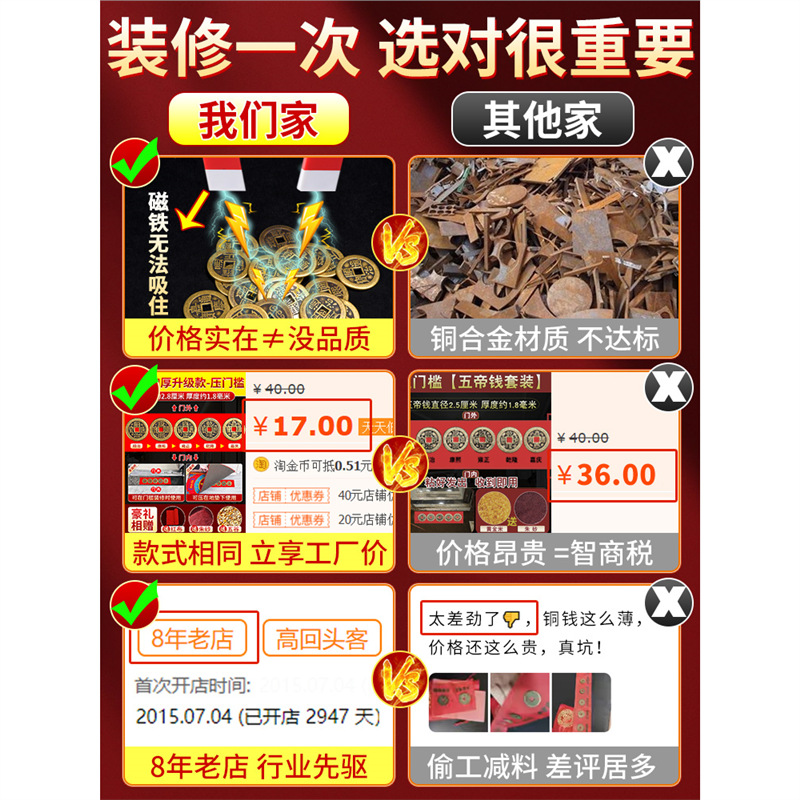 Five Emperors' Coins for Door Threshold, Pure Brass Door Sill, Genuine Copper Coins, Ancient Coins for New House Decoration Entrance Door