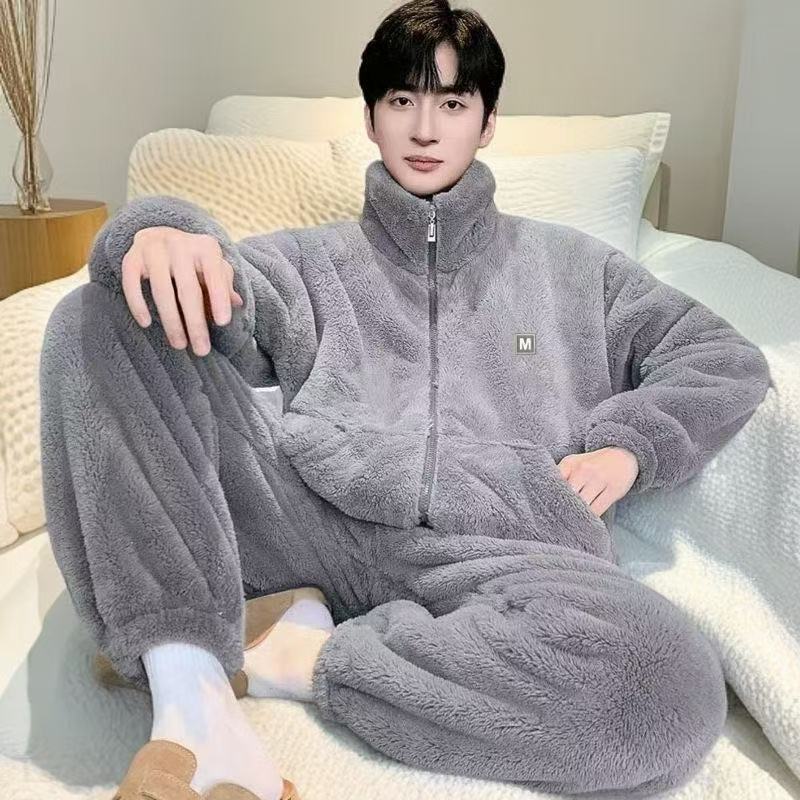 Can Be Worn Outside Men's Large Size Loose Fleece-Lined Thickeneded Warm Velvet Warm Home Clothes Pajamas Set Autumn and Winter New Snowflake Velvet