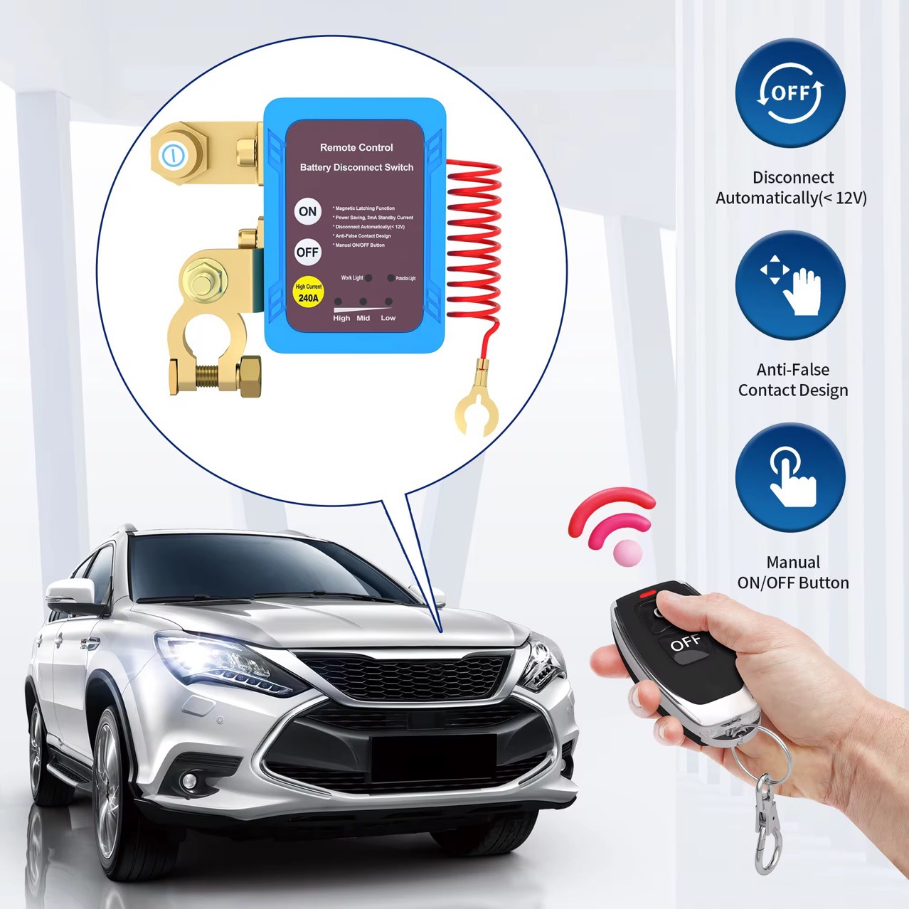 Car Battery Negative Terminal Disconnect Switch 12V24V Anti-Drain and Leakage Protection Remote Control Smart Device Disconnect Switch Copper Head