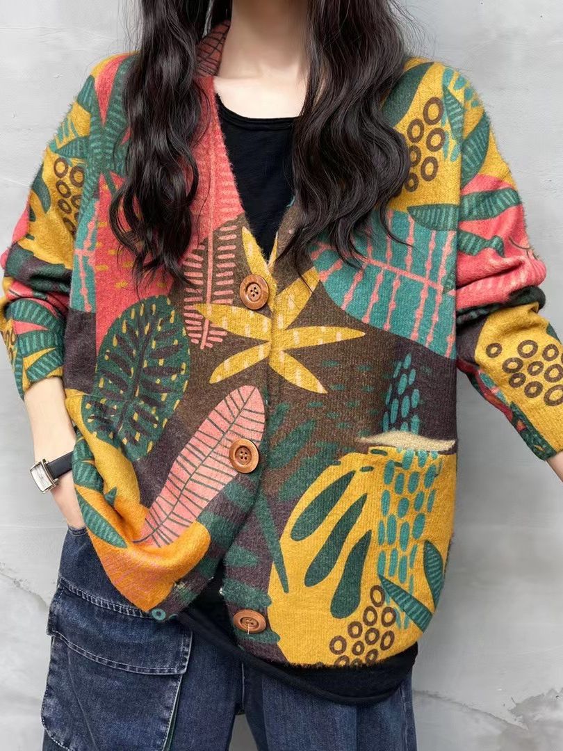 Knitted Sweater for Women, Autumn and Winter 2025 New Ethnic Style Yunnan Print V-Neck Cardigan, Mink Velvet Women's Outerwear, Cross-Border