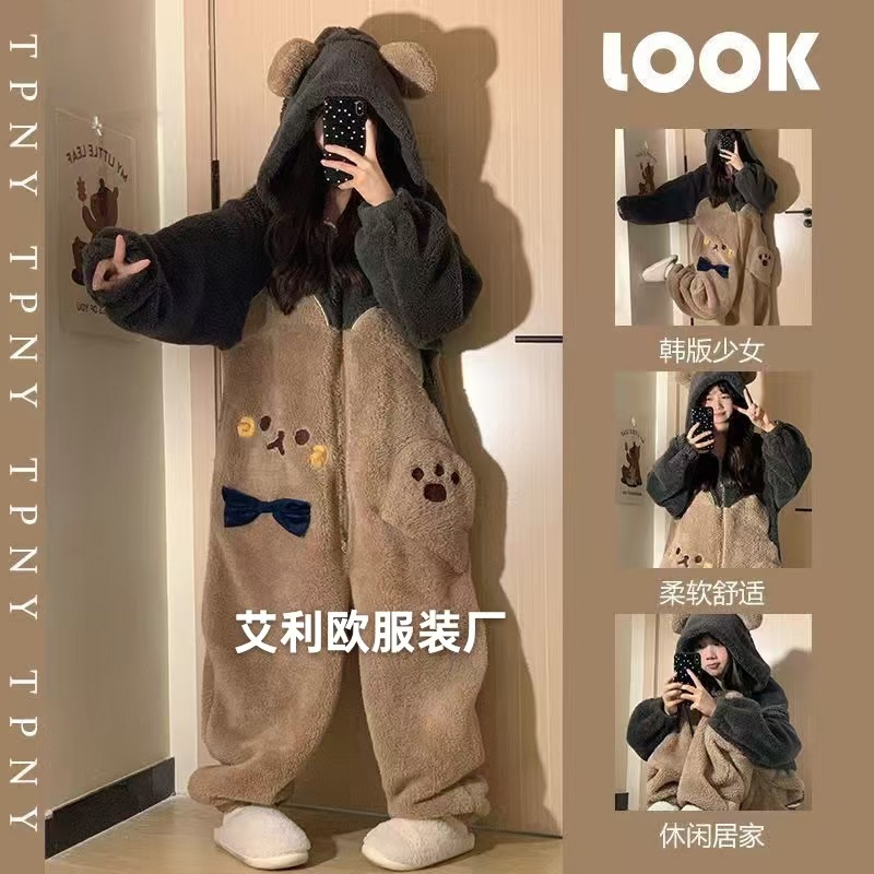 Осенние и зимние пижамы с медвежьими подтяжками, утолщенные и с флисовой подкладкой, милые однотонные пижамы, мультяшный домашний костюм для девочек, ночная рубашка