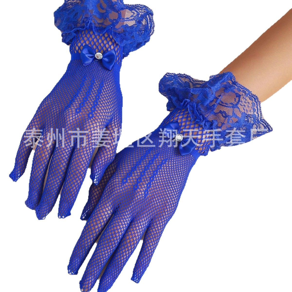 Cross-border bridal wedding gloves fishing net drill bow wedding dress gloves elastic hollow etiquette lace gloves