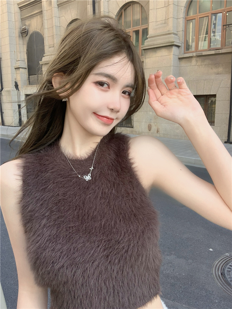 Mink Velvet Vest Women's Autumn and Winter Sexy Sleeveless Furry Short Top Soft Waxy Inner Plush Base Shirt