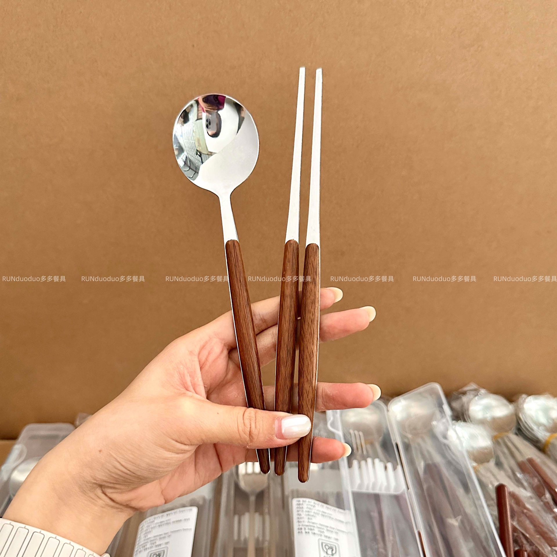 Stainless Steel Portable Cutlery Box Imitation Wooden Handle Chopsticks Spoon Fork Set Korean Three-Piece Student Tableware for One Person