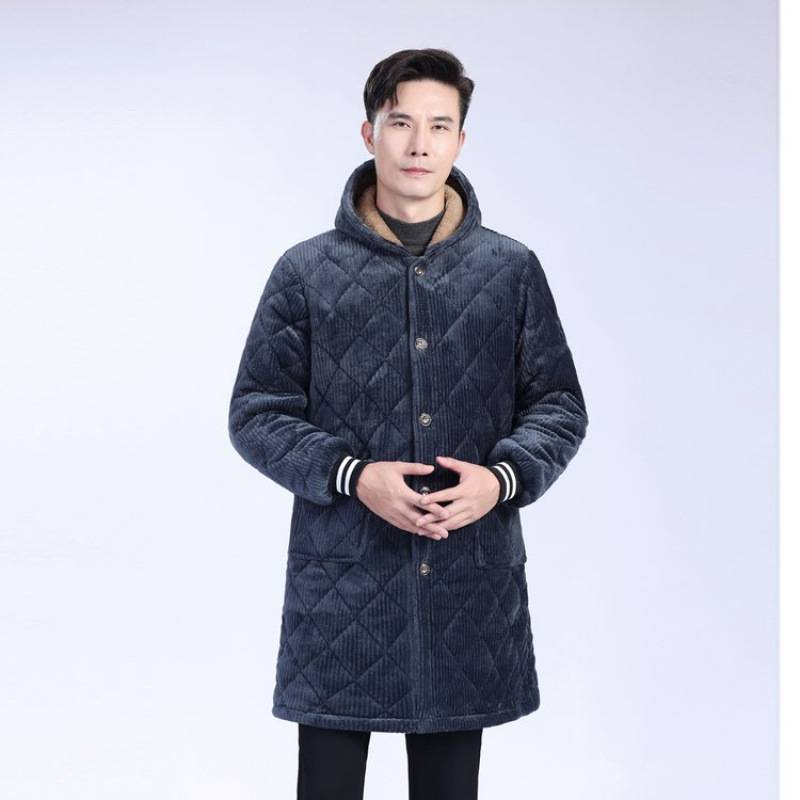 Thickened Cotton-Padded Men's Coat, Winter Warm Fleece-Lined Mid-Length Cotton-Padded Jacket, Loose Cotton-Padded Jacket, Work Clothes, Outwear