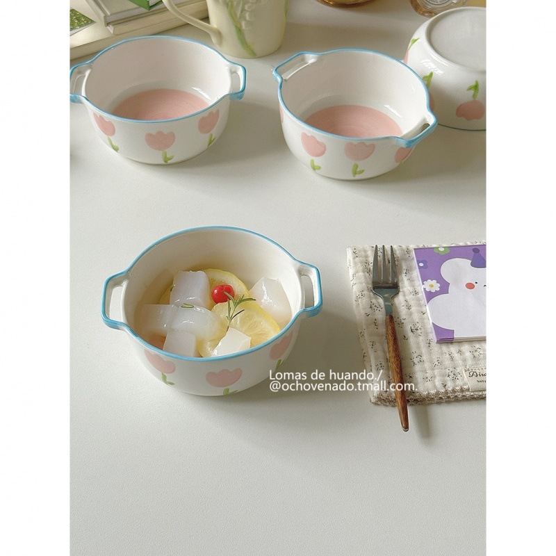 ins Style Cute Tulip Double Ear Small Bowl Household Rice Bowl Soup Bowl Baking Bowl Fruit Dessert Dew Bowl Underglaze Color