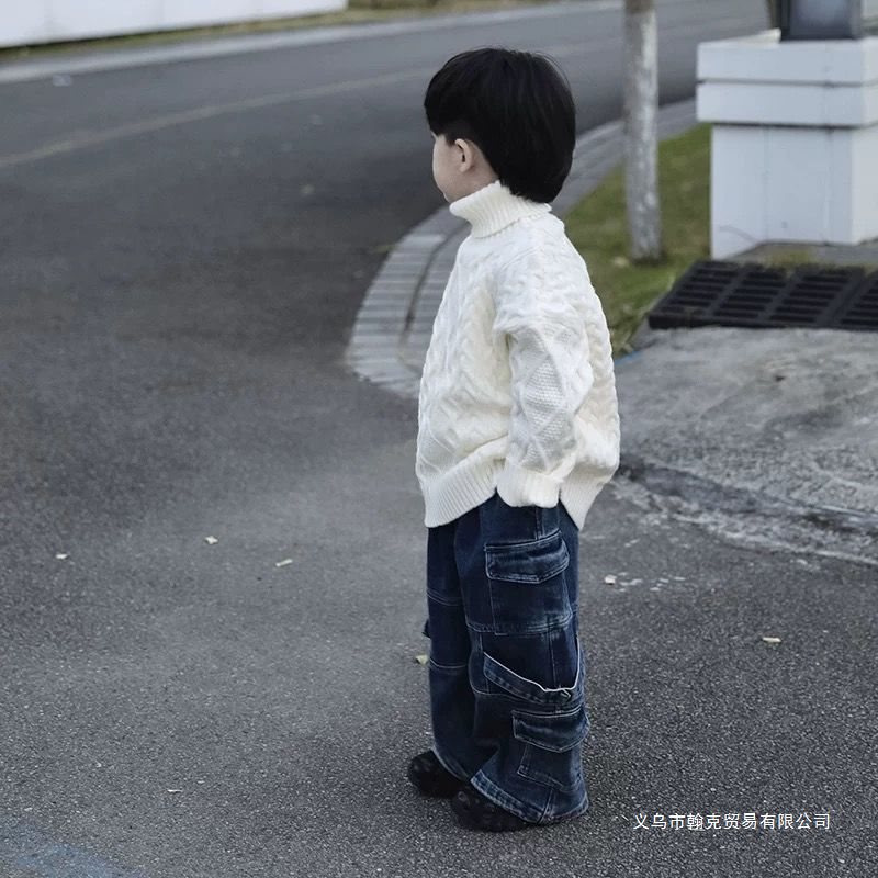 Children's Sweater Boys Girls Thickened Autumn Winter Turtleneck Knitwear New Solid Color Cable Knit Baby Knit