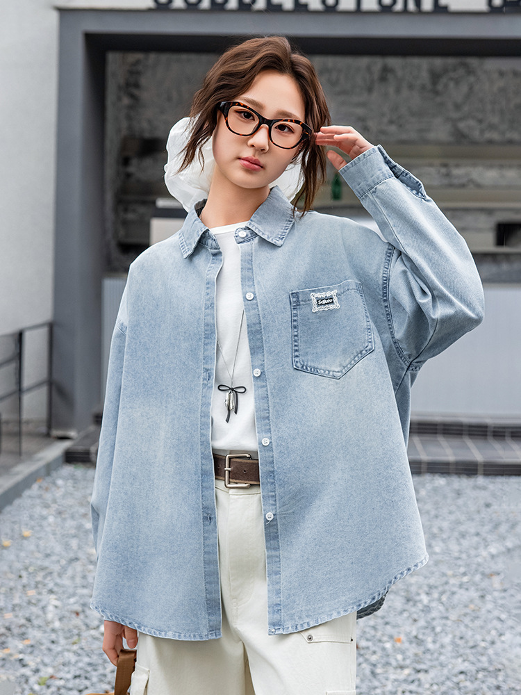 Junior High School Students Denim Shirt Coat Spring and Autumn 2025 New Top Long Sleeve Lapel Casual Shirt for Middle and Big Children