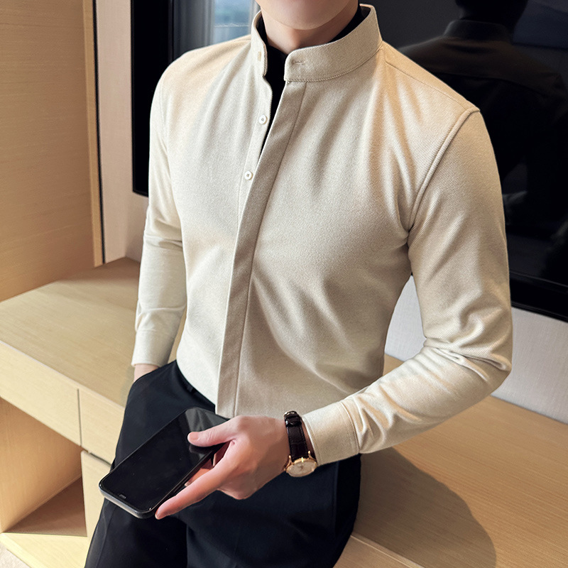 Stand Collar woolen shirt men's long sleeve slim fit ruffle handsome high-grade business casual fake two-piece knitted pullover sweater men