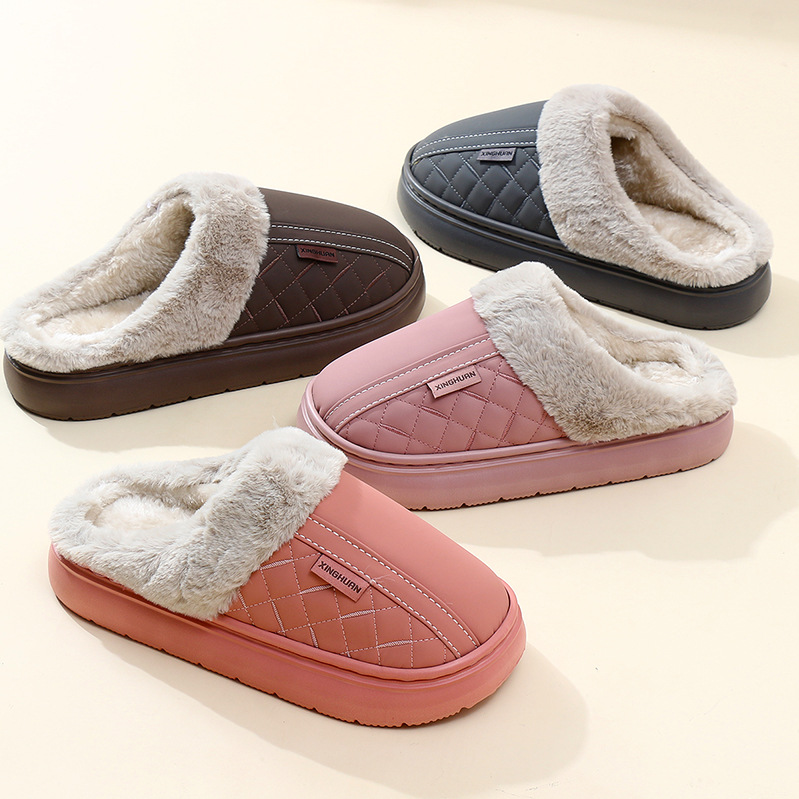 Waterproof Cotton Slippers for Men and Women Winter 2025 New Indoor Home Household Non-Slip Thick Sole Warm Plush Cotton Slippers