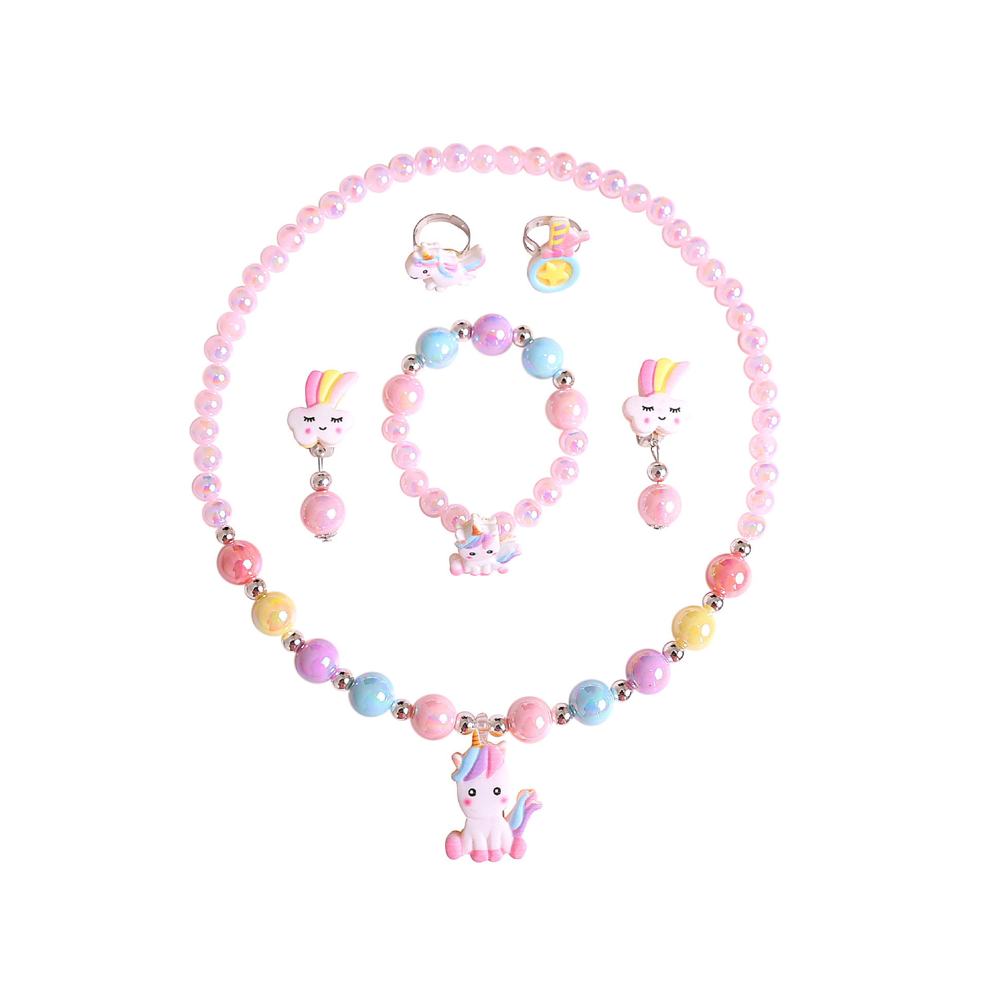 New Children's Necklace Bracelet Cross Border Cute Unicorn Rainbow Necklace Girls' Jewelry suit