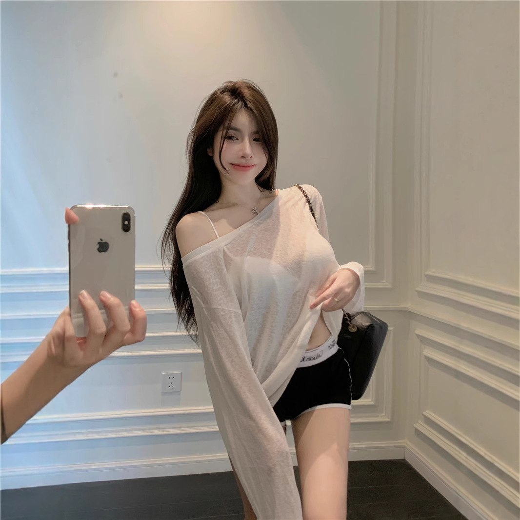 Блуза Spice Girls с солнцезащитным эффектом для женщин, лето 2025, новая, однотонная, с длинным рукавом, с наклонным плечом, яркий топ из тюля