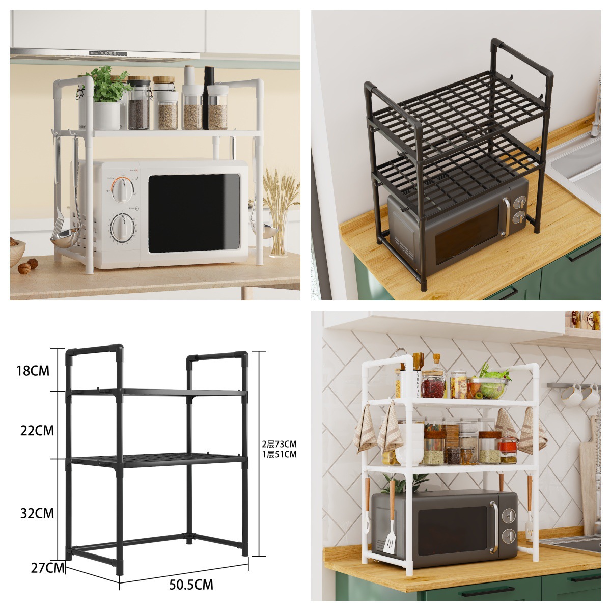 Microwave Oven Rack Widened and Thickeneded Oven Bread Machine Storage Rack Double-Layer Kitchen Spice Organizer with Armrest Hooks