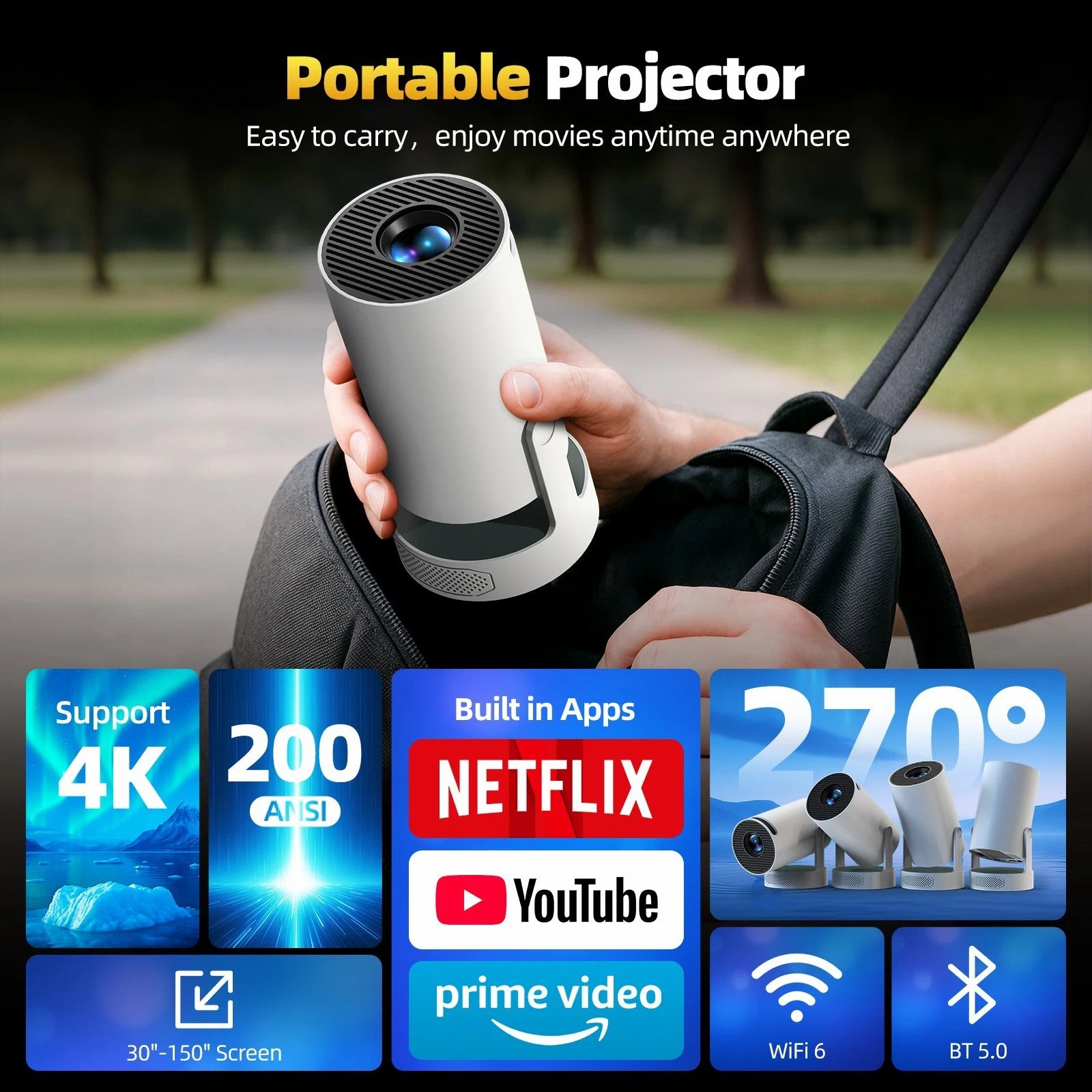 Cross-Border Hy300Ultra Portable Projector H713 Android Barrel Cross-Border High-Definition Home Outdoor Projector