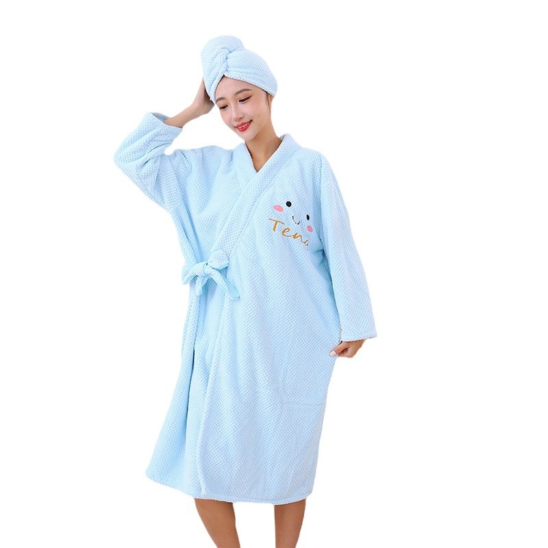 Winter bathrobe women's wearable bath towel coral fleece thickened household cross strap long sleeve bath skirt hair drying hat wholesale