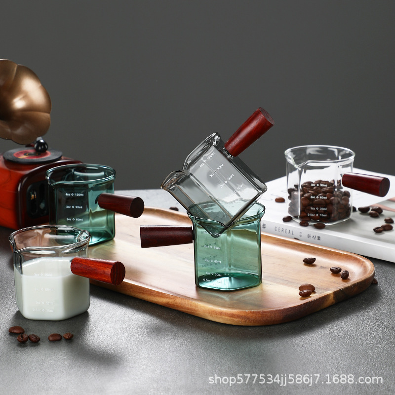 High Borosilicate Glass Wooden Handle Scale Mini Milk Jug Seasoning Milk Jug Wholesale Espresso Small Milk
