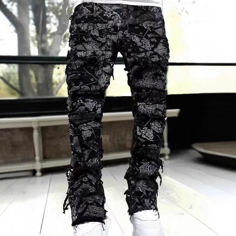 Cross-border new men's denim straight pants European and American street fashion ins explosion stretch patch denim straight pants