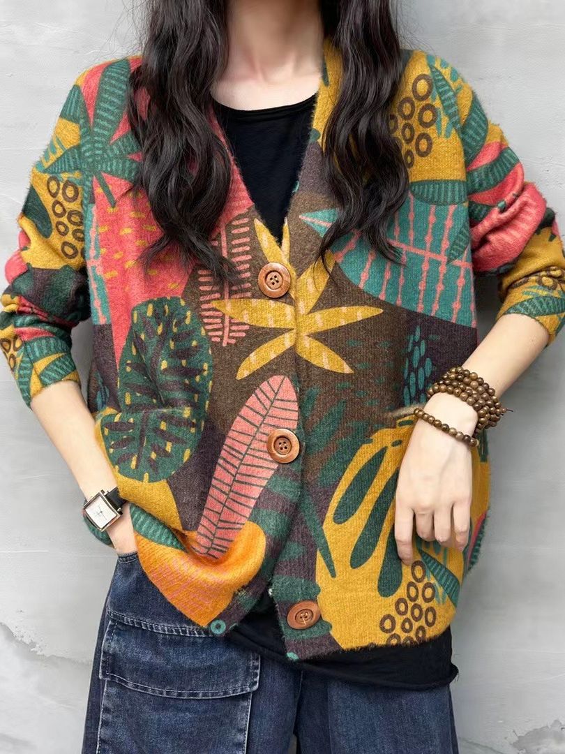 Knitted Sweater for Women, Autumn and Winter 2025 New Ethnic Style Yunnan Print V-Neck Cardigan, Mink Velvet Women's Outerwear, Cross-Border