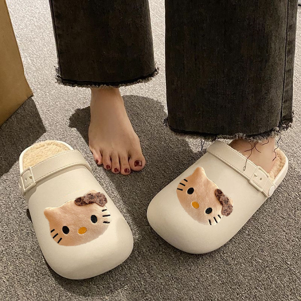 Cute Kt Cat Cotton Slippers for Women Winter 2025 New Velvet Warm Anti-Slip Waterproof Indoor and Outdoor Toe-Cap Slippers