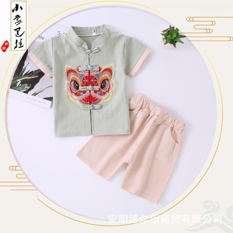 Детская одежда ханфу, короткий рукав для мальчиков, китайский танг, летний винтажный вышитый костюм