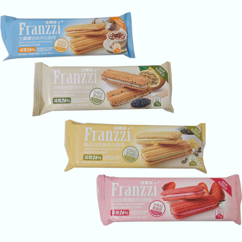 Fariz Sandwich Biscuits 70g Matcha Yogurt Passion Fruit Red Velvet Chocolate Sandwich Biscuits Snacks Wholesale