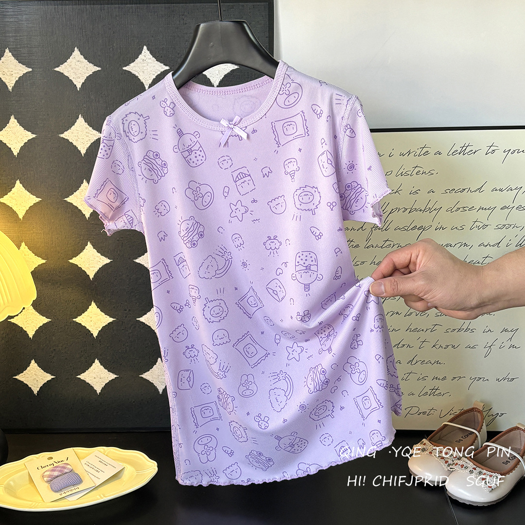 Crewneck Girl Casual Style All-in-one Dress Cartoon Home Printed Baby Nightgown Ice Silk Nightgown Women's Four-needle Six-thread