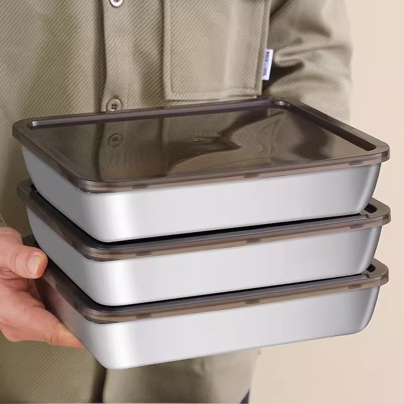 Stainless steel fresh-keeping box refrigerator fresh-keeping box hot pot side dish box rectangular outdoor cooking picnic box with lid