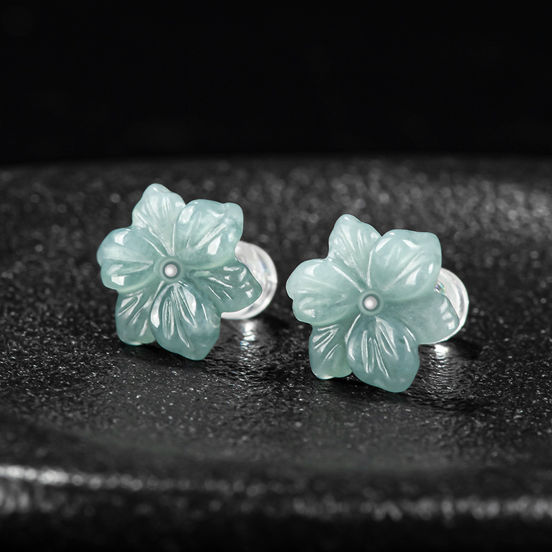 Natural A-Grade Jade Blue Water Orchid Earrings Ice Jade Petals S925 Silver Inlaid Antique Style Women's Earrings Wholesale