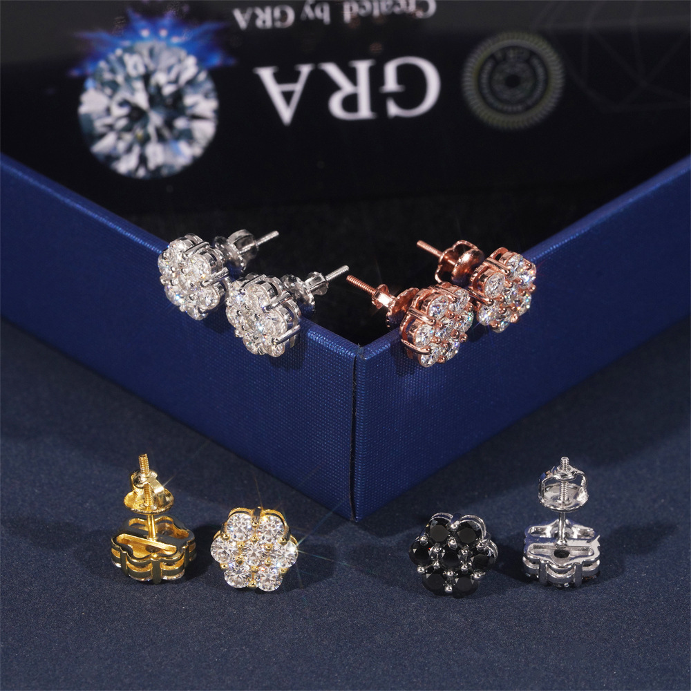 9mm Cross-Border Hip-Hop New Flower Full Diamond Personalized Earrings High-End S925 Silver Moissanite Earrings Wholesale