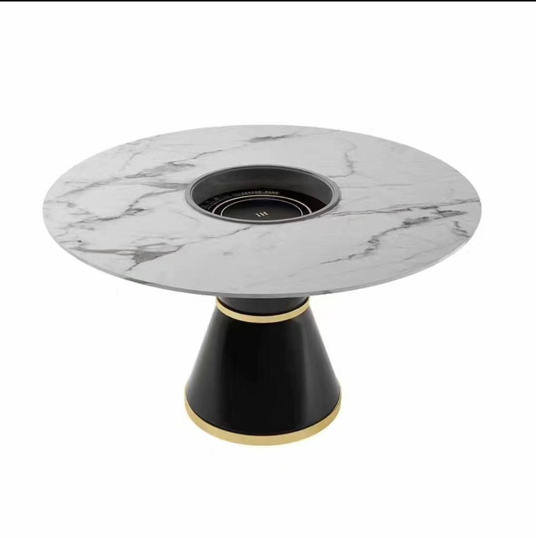 Imitation Marble Pattern Hot Pot Table Round Commercial Dining Table Barbecue Haidilao Hot Pot Restaurant Integrated Combination Hot Pot Table