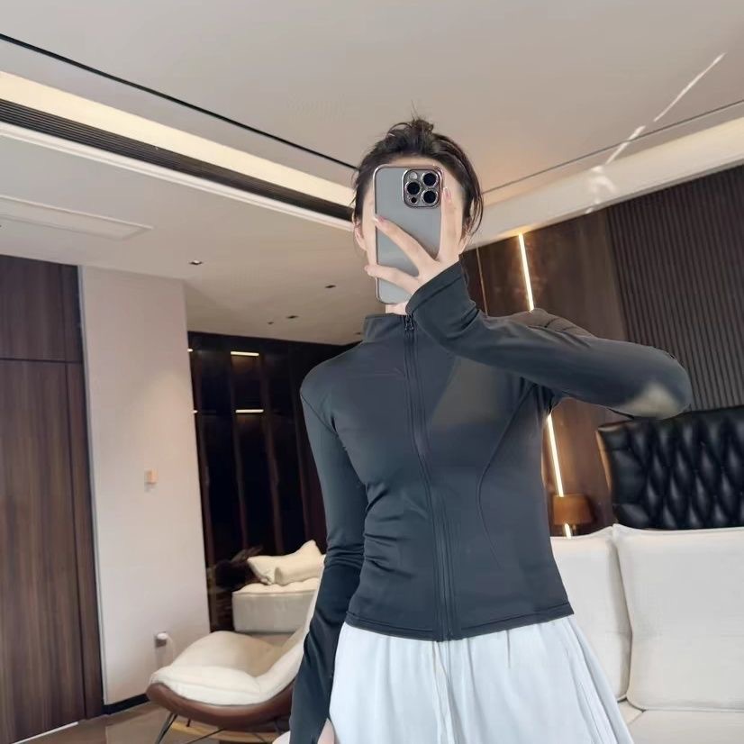 2025 New Slim-fit Cardigan Jacket Yoga Fitness Clothes Thin Top Vertical Collar Nylon Sunscreen Women's Summer