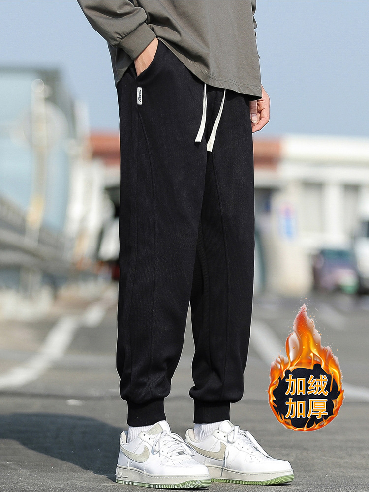 Eight-point Pants Men's Winter Warm Fleece-lined Trendy Brand Men's Foot-binding Sweatpants Loose All-match Casual Pants for Small Men