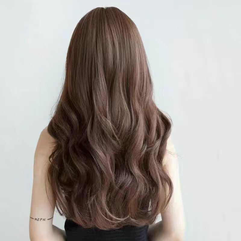 Cross-Border New Japanese and Korean Air Bangs Long Curly Hair Big Wave Wig High Temperature Silk Simulation Wig Full Headgear Ready for Sale