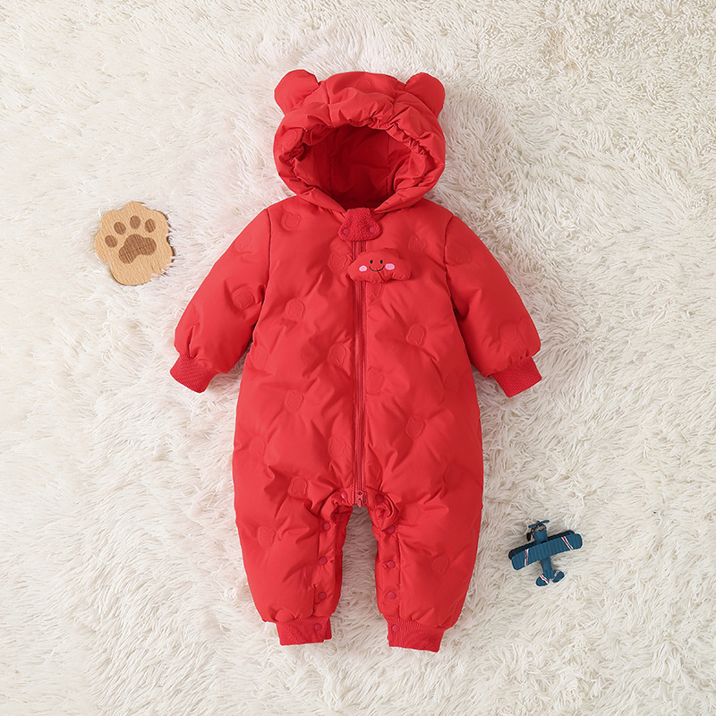 Off-Season White Duck down Jacket with Hood, Warm One-Piece Winter Outdoor Outfit, Newborn Crawling Suit, Romper