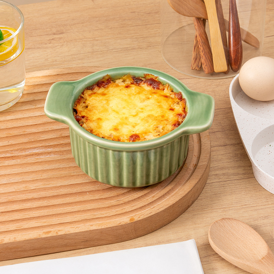 Cross-Border Household Soufflé Baking Bowl Ceramic Bowl High-Value Double-Eared Baking Bowl Custom Baking Oven Pudding Bowl Customization