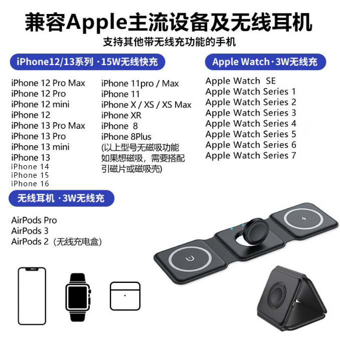Cross-Border Three-In-One Wireless Charger Desktop Folding Magnetic Wireless Charging Suitable for Apple Mobile Phones, Earphones and Watches