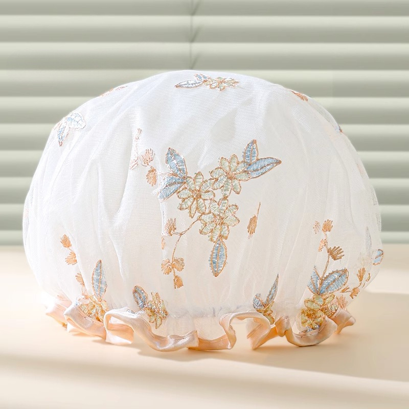 Handmade embroidery shower cap double-layer thickened waterproof bath household dry hair adult children Women's lampblack hat hair mask