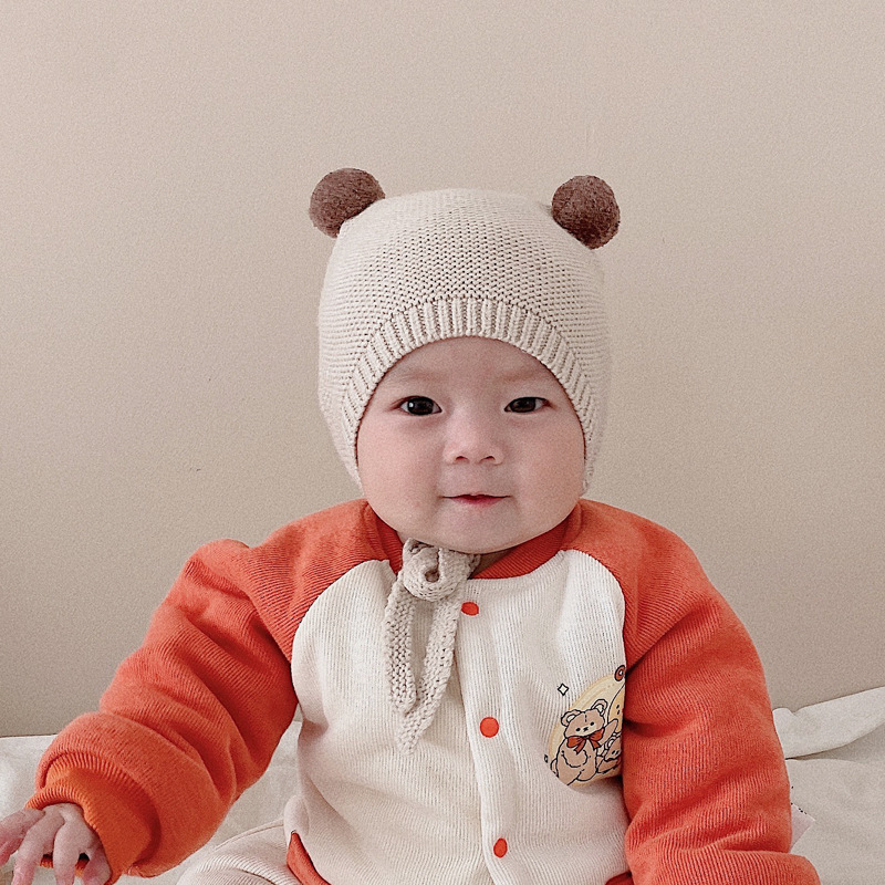 ins Autumn and Winter Korean Baby Cute Ball Knitted Hat for Boys and Girls Baby Ear Protection Lace-up Wool Warm Hat