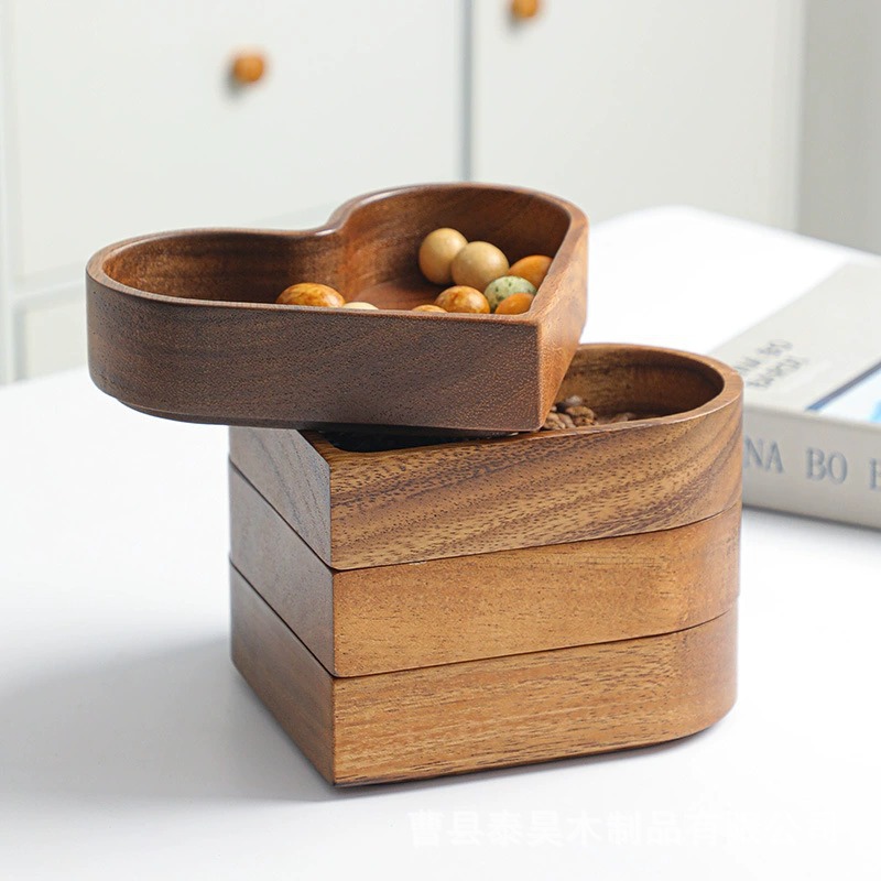 Solid Wood Dried Fruit Plate Walnut Color Heart-Shaped Dried Fruit Plate Japanese Style Solid Wood Tray Stackable Dried Fruit Box Nut Box