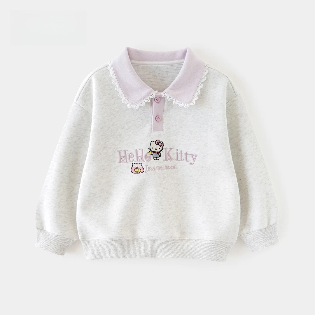 2025 Новая осенняя толстовка для девочек с воротником-поло, вышивкой Kt Cat, модный семейный топ, длинные рукава