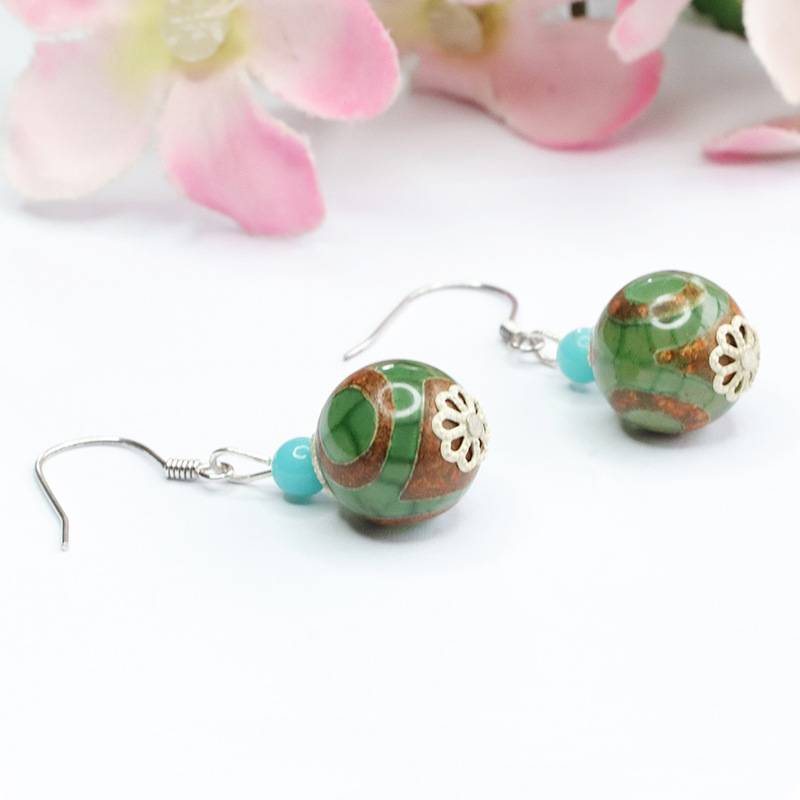 Серьги с ушными крючками из серебра S925 с инкрустированными трехглазыми дзи-бусинами и агатом, этнический стиль, оптовая продажа, дропшиппинг S3103003A